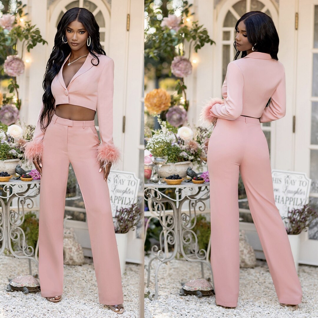 Trajes de pantalón para madre de la novia con plumas personalizados, para mujer, para fiesta de noche formal, blazer, chaqueta corta, 2 piezas 