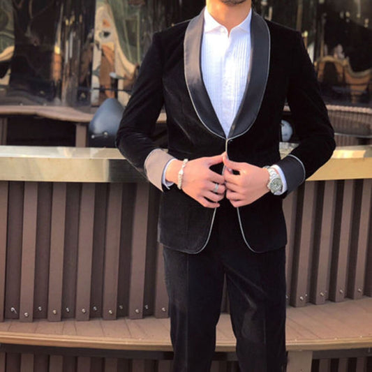 Robe de soirée noire à un bouton pour homme, tenue de soirée, de bal, de dîner, avec revers châle, veste et pantalon de mariage 