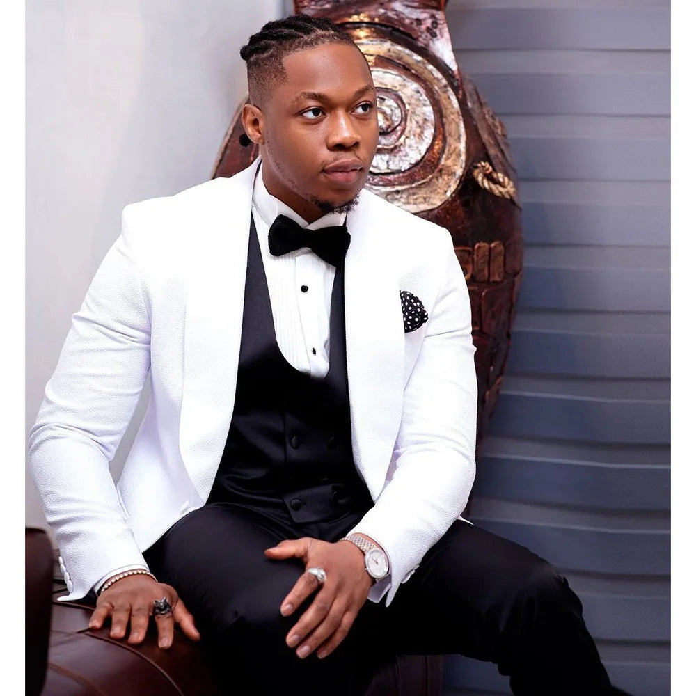 Customized Men's Suits Blazer Elegant White Jacket Black Pants Vest Outfits Wedding Male Clothing