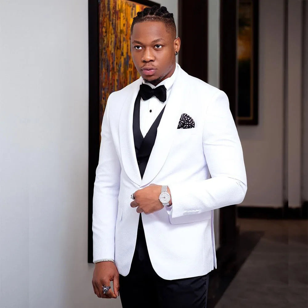 Customized Men's Suits Blazer Elegant White Jacket Black Pants Vest Outfits Wedding Male Clothing