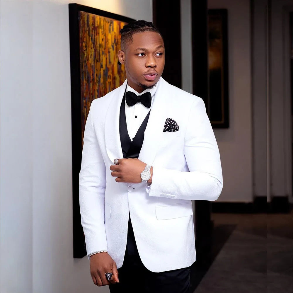 Customized Men's Suits Blazer Elegant White Jacket Black Pants Vest Outfits Wedding Male Clothing