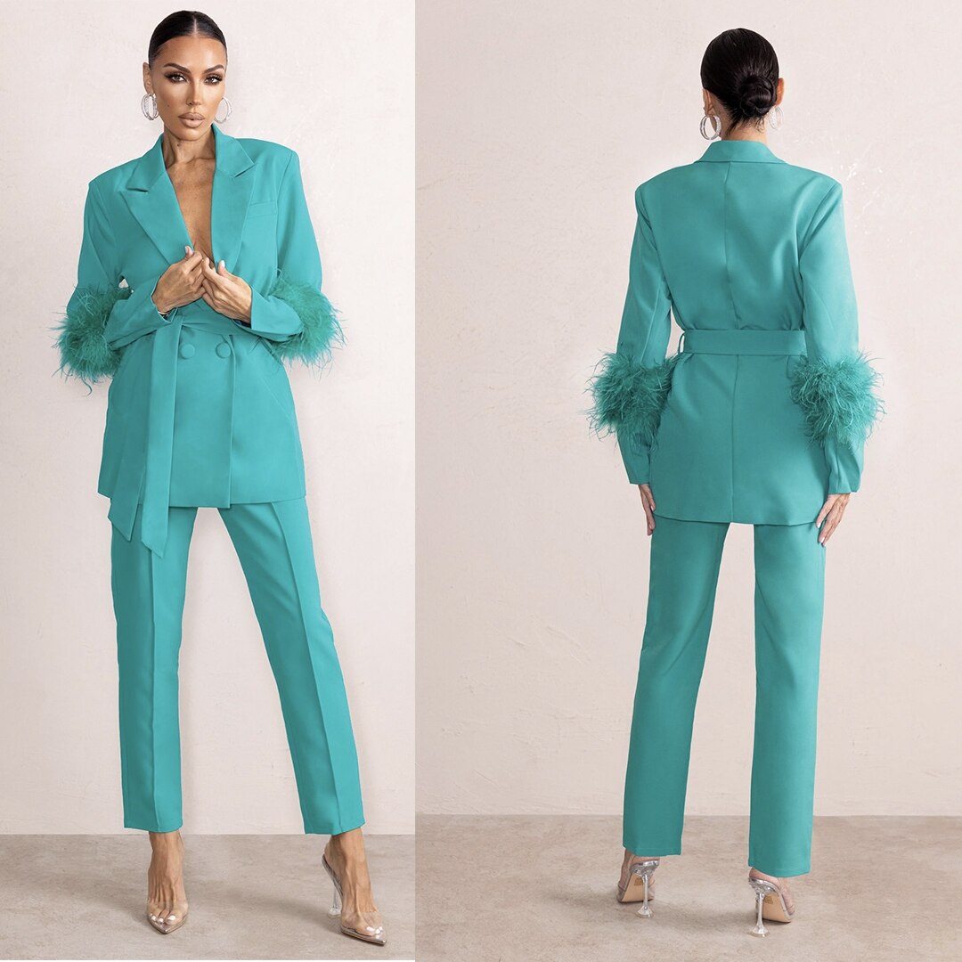 Trajes de pantalón para madre de la novia con plumas de avestruz personalizados para mujer, chaqueta formal para fiesta de noche, 2 piezas 