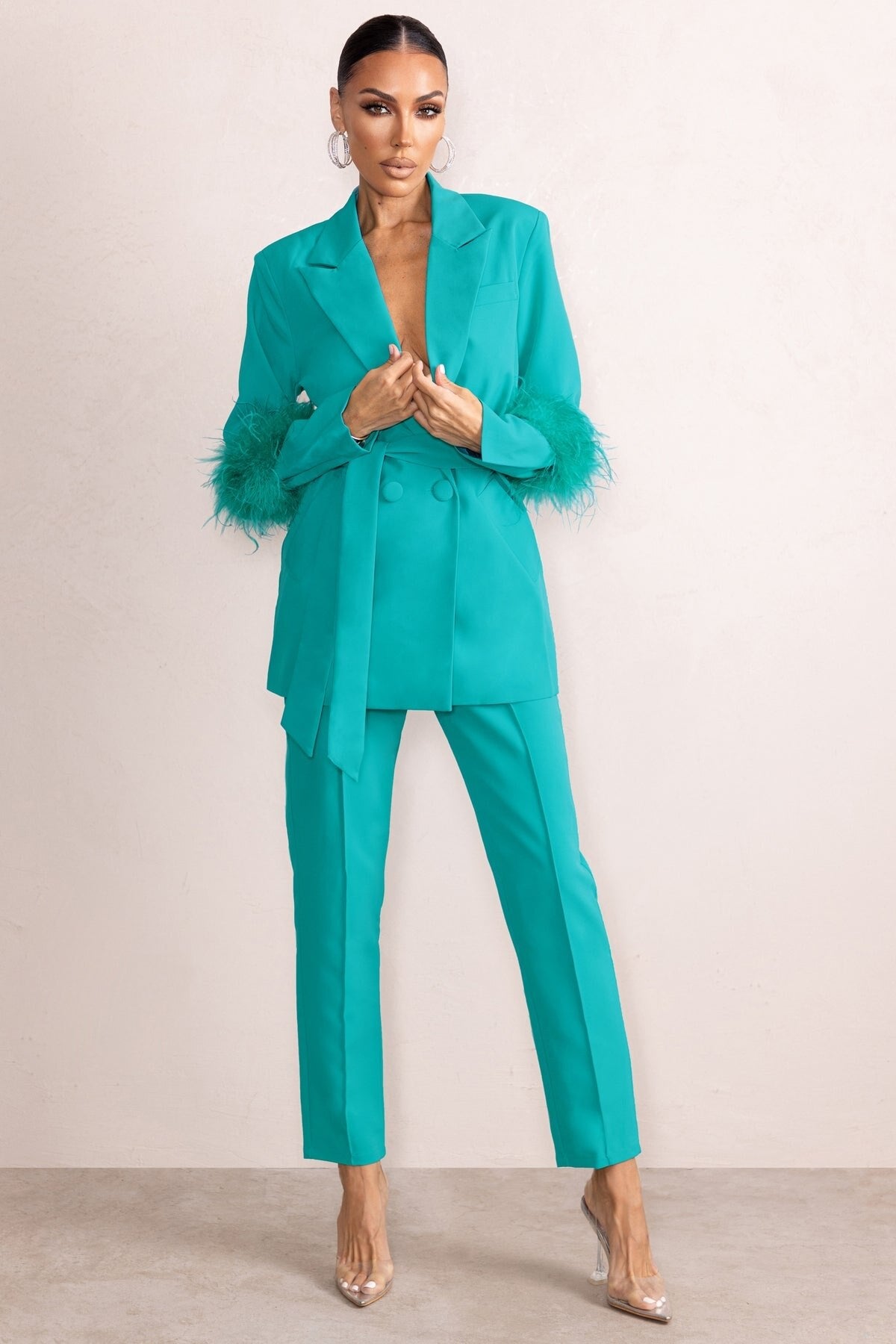Trajes de pantalón para madre de la novia con plumas de avestruz personalizados para mujer, chaqueta formal para fiesta de noche, 2 piezas 