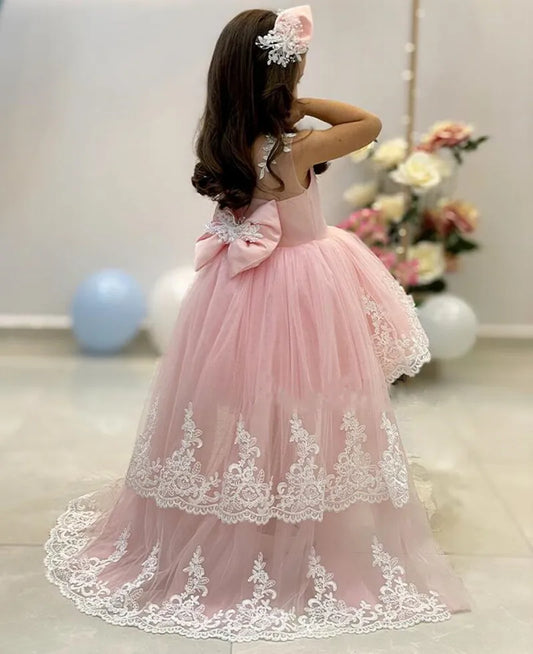 Girls Pink Lace High Low Tulle Dress with Floral Appliques and Bow Headband