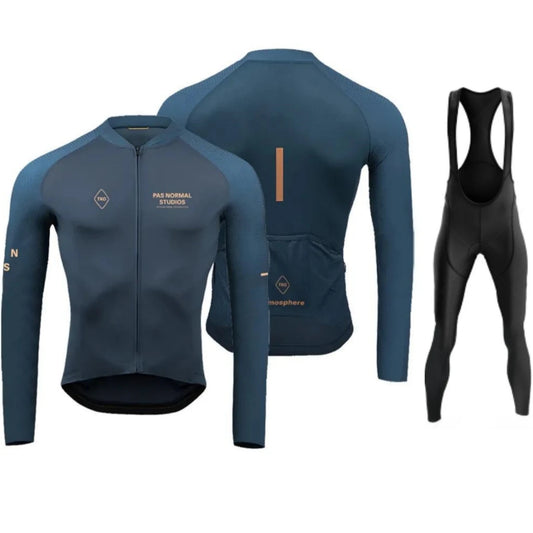 Men's Black Long Sleeve Cycling Jersey and Bib Shorts Set