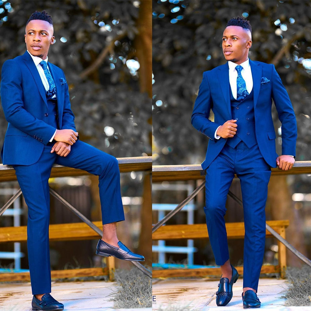 Costume homme bleu foncé, coupe slim, sur mesure, 3 pièces, simple boutonnage, blazer, gilet, pantalon, mariage, formel, décontracté, bal, sur mesure