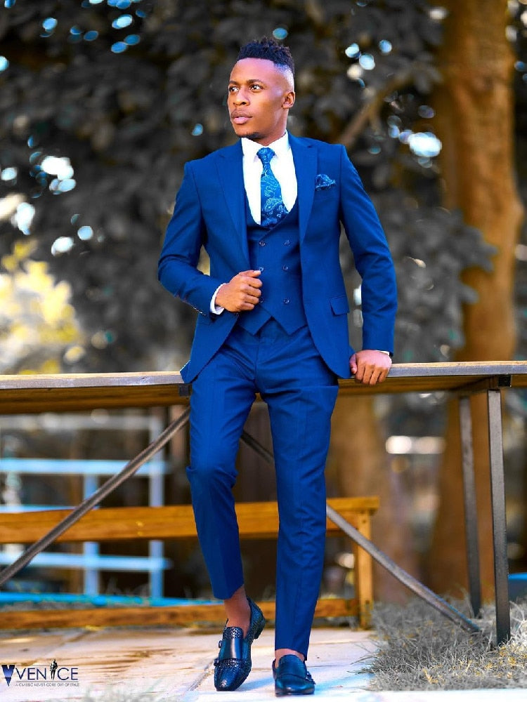 Costume homme bleu foncé, coupe slim, sur mesure, 3 pièces, simple boutonnage, blazer, gilet, pantalon, mariage, formel, décontracté, bal, sur mesure