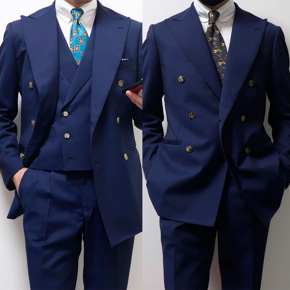 Dark Blue Men Suit 3Pieces Slim Tailor-Made Fashion Double Breasted Blazer Pants Formal Wedding Business Prom Causal Tailored