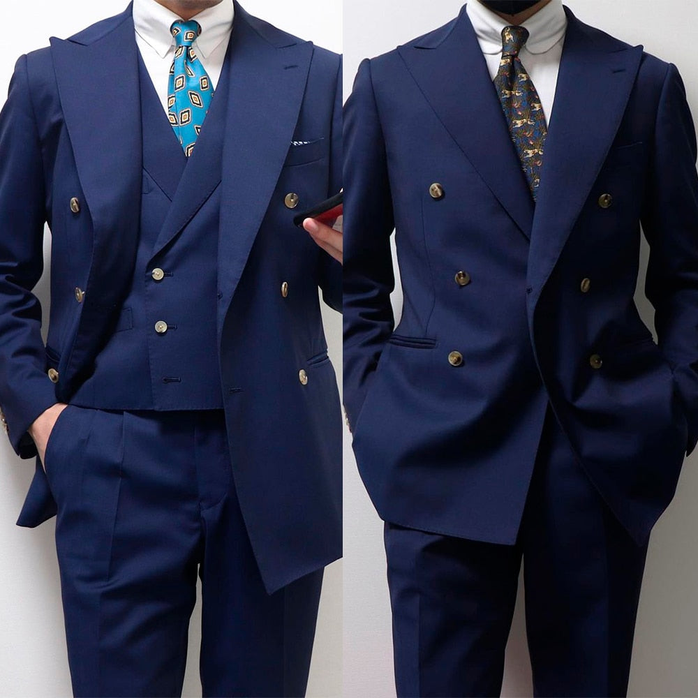 Costume homme bleu foncé 3 pièces slim sur mesure mode croisé blazer pantalon formel mariage affaires bal décontracté sur mesure 