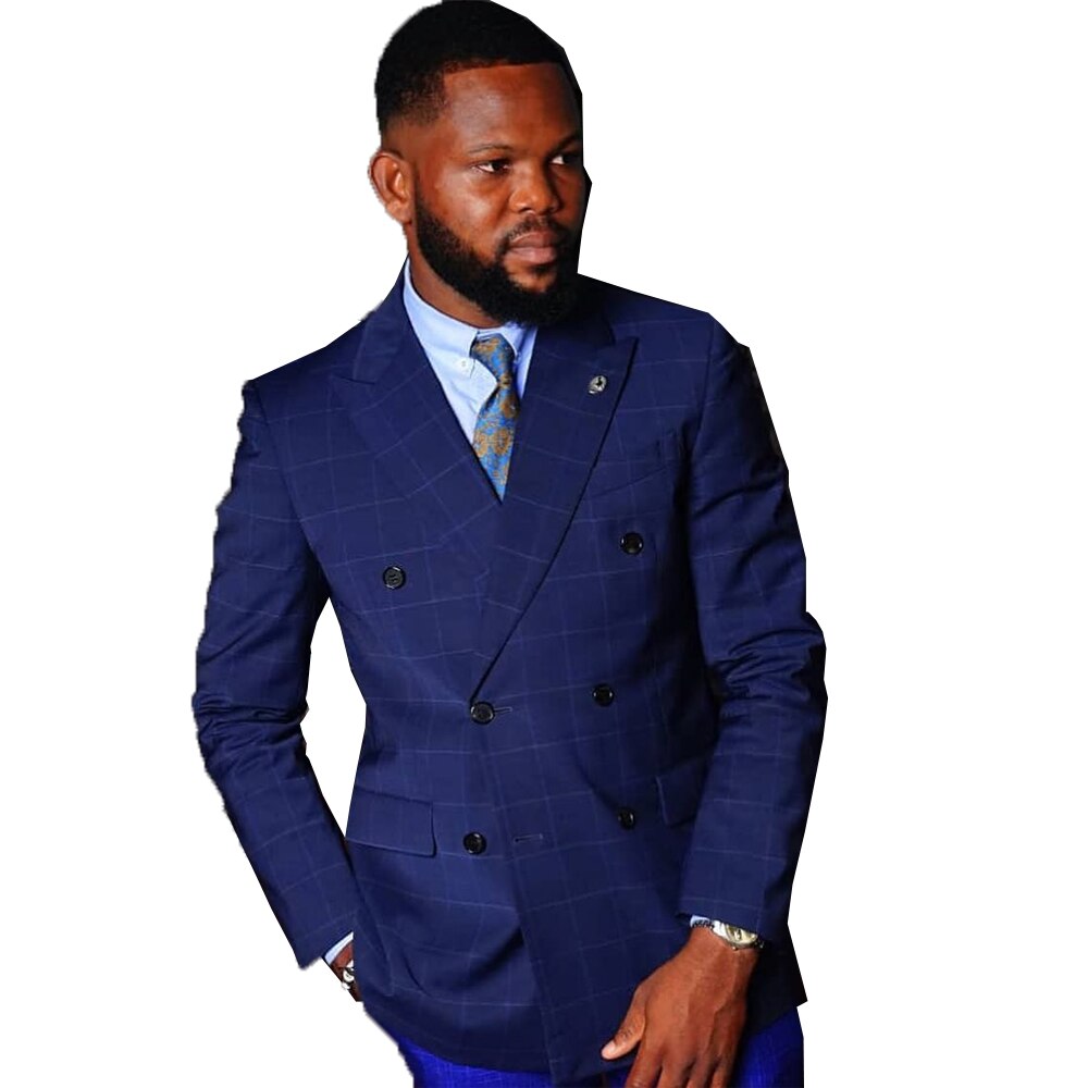 Costume homme bleu foncé, smoking croisé sur mesure, deux pièces, veste et pantalon, costume de créateur pour fête de mariage