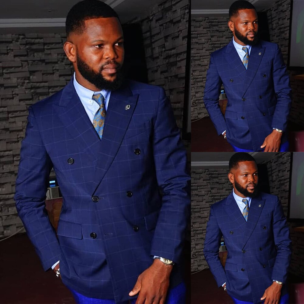 Costume homme bleu foncé, smoking croisé sur mesure, deux pièces, veste et pantalon, costume de créateur pour fête de mariage