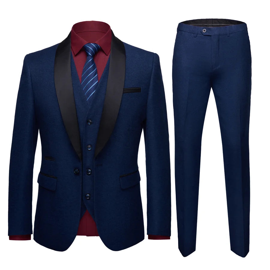 Traje azul oscuro para hombre con solapa de chal negra, traje para boda, novio, blazer entallado, 3 piezas (chaqueta, pantalón y chaleco) 