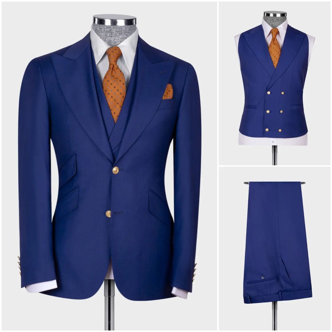 Dark Blue Men's Suit Coat Pants Vest 3 Pcs Set Man Suits Slim Fit Outfit Blazer Trousers