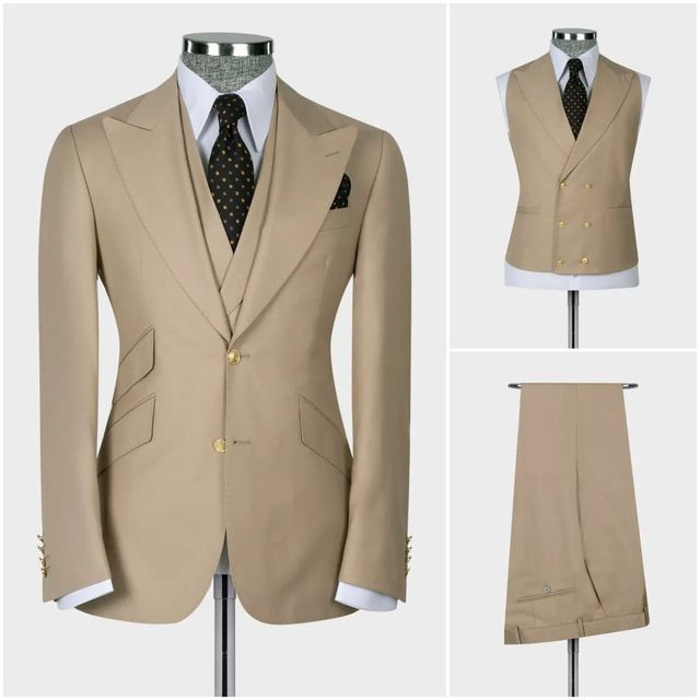 Dark Blue Men's Suit Coat Pants Vest 3 Pcs Set Man Suits Slim Fit Outfit Blazer Trousers