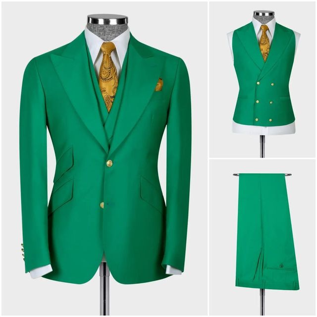 Dark Blue Men's Suit Coat Pants Vest 3 Pcs Set Man Suits Slim Fit Outfit Blazer Trousers