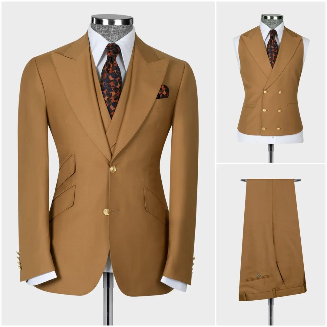 Dark Blue Men's Suit Coat Pants Vest 3 Pcs Set Man Suits Slim Fit Outfit Blazer Trousers