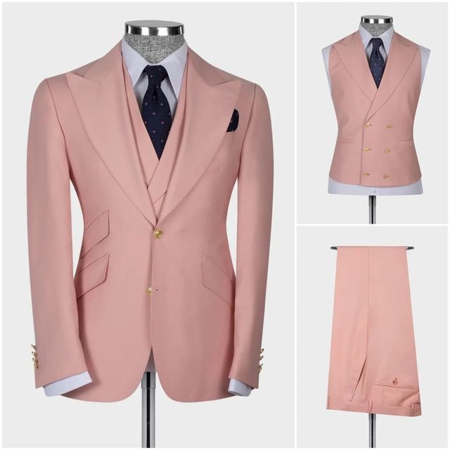 Dark Blue Men's Suit Coat Pants Vest 3 Pcs Set Man Suits Slim Fit Outfit Blazer Trousers