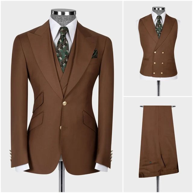 Dark Blue Men's Suit Coat Pants Vest 3 Pcs Set Man Suits Slim Fit Outfit Blazer Trousers