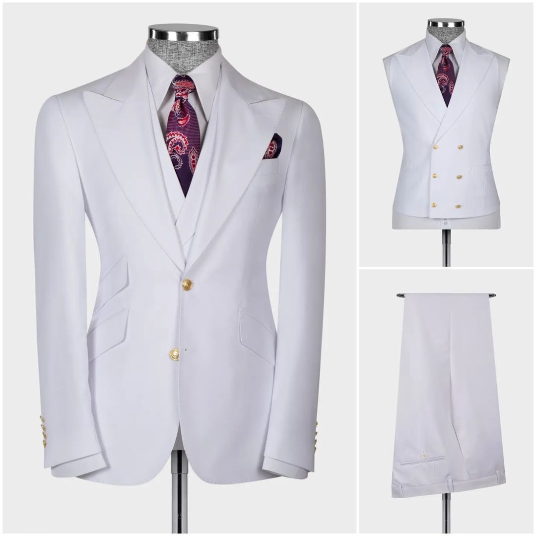 Dark Blue Men's Suit Coat Pants Vest 3 Pcs Set Man Suits Slim Fit Outfit Blazer Trousers