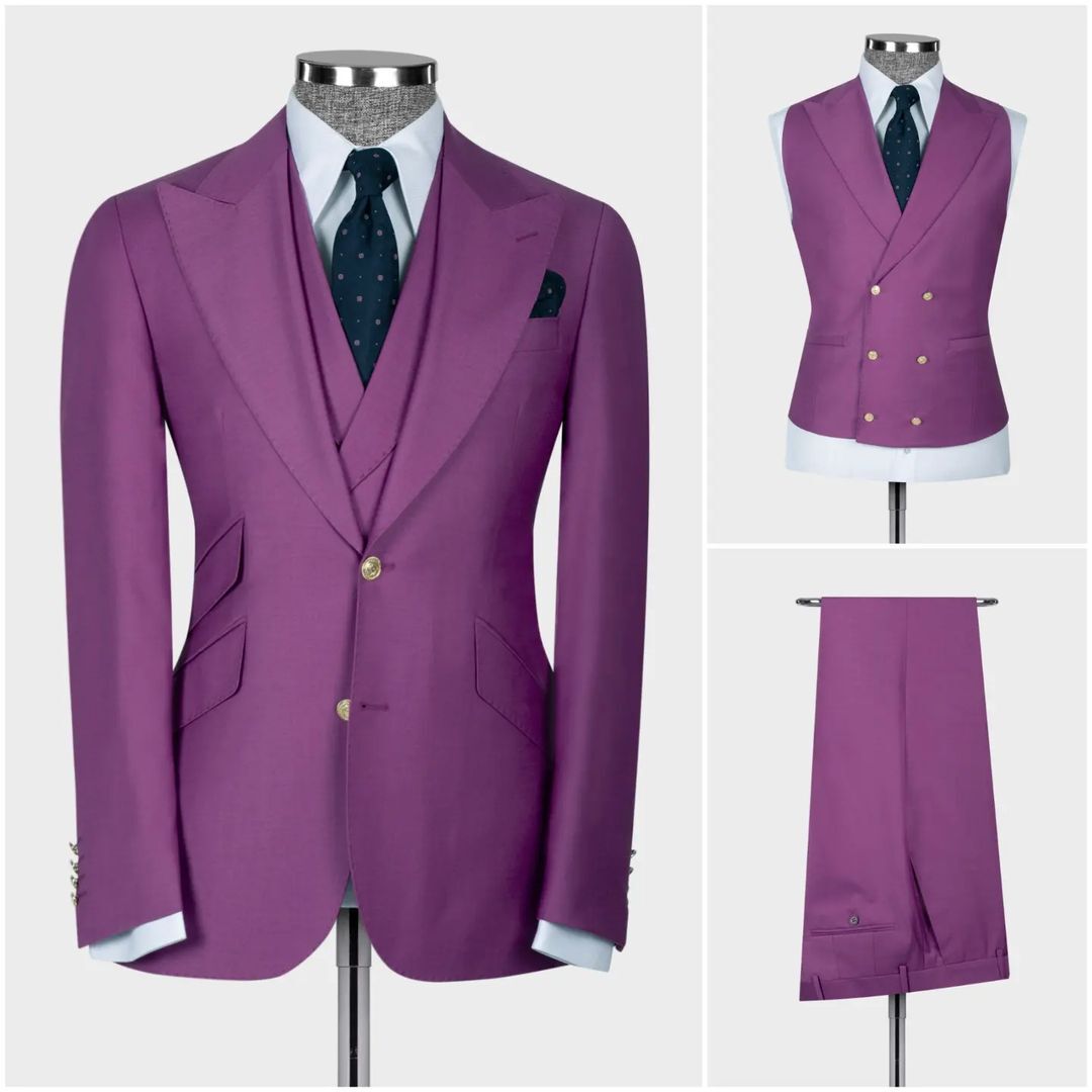 Dark Blue Men's Suit Coat Pants Vest 3 Pcs Set Man Suits Slim Fit Outfit Blazer Trousers