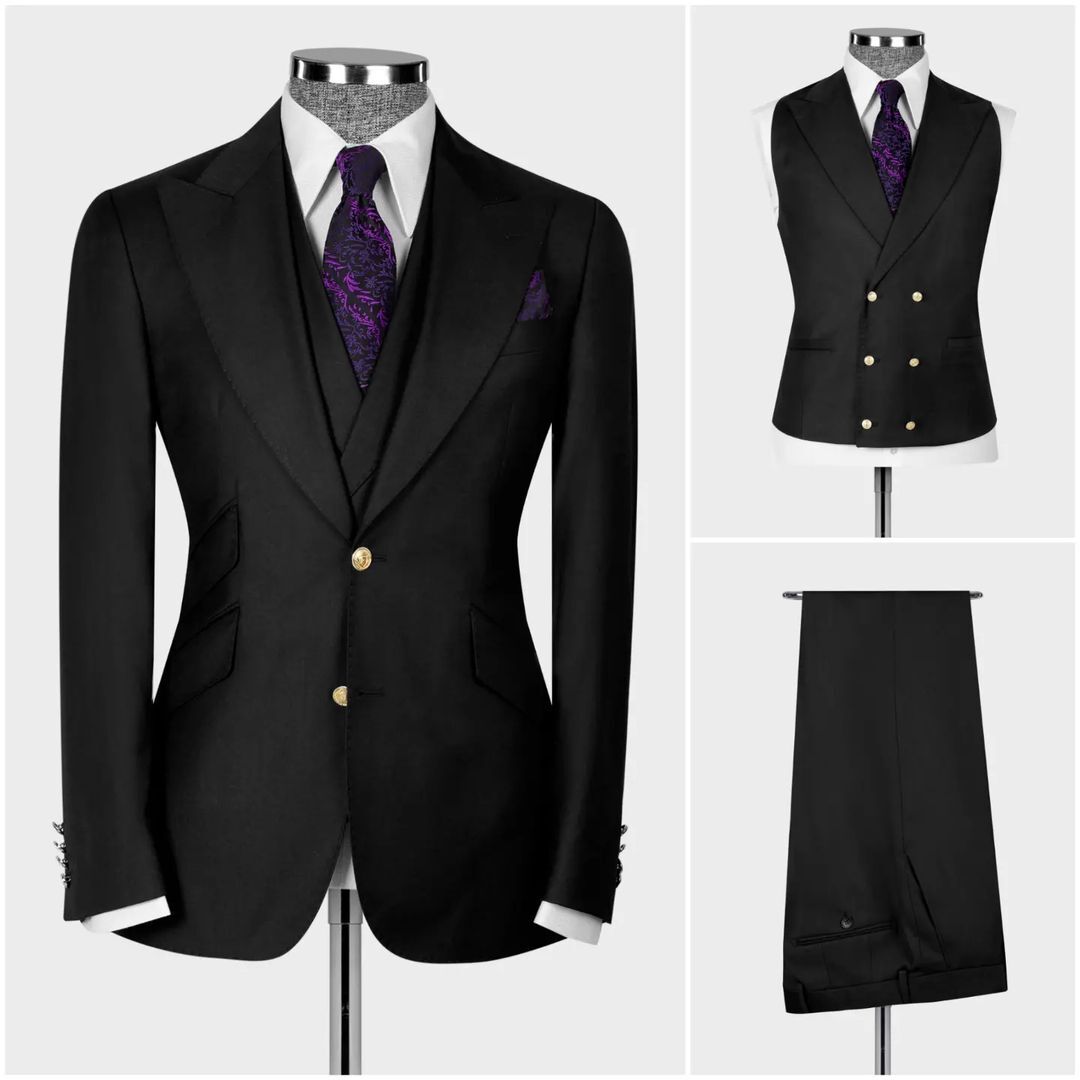 Dark Blue Men's Suit Coat Pants Vest 3 Pcs Set Man Suits Slim Fit Outfit Blazer Trousers