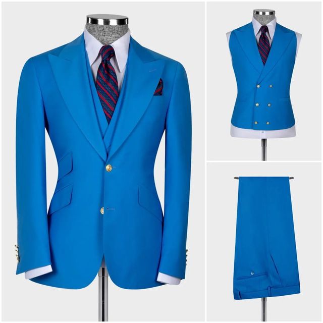 Dark Blue Men's Suit Coat Pants Vest 3 Pcs Set Man Suits Slim Fit Outfit Blazer Trousers