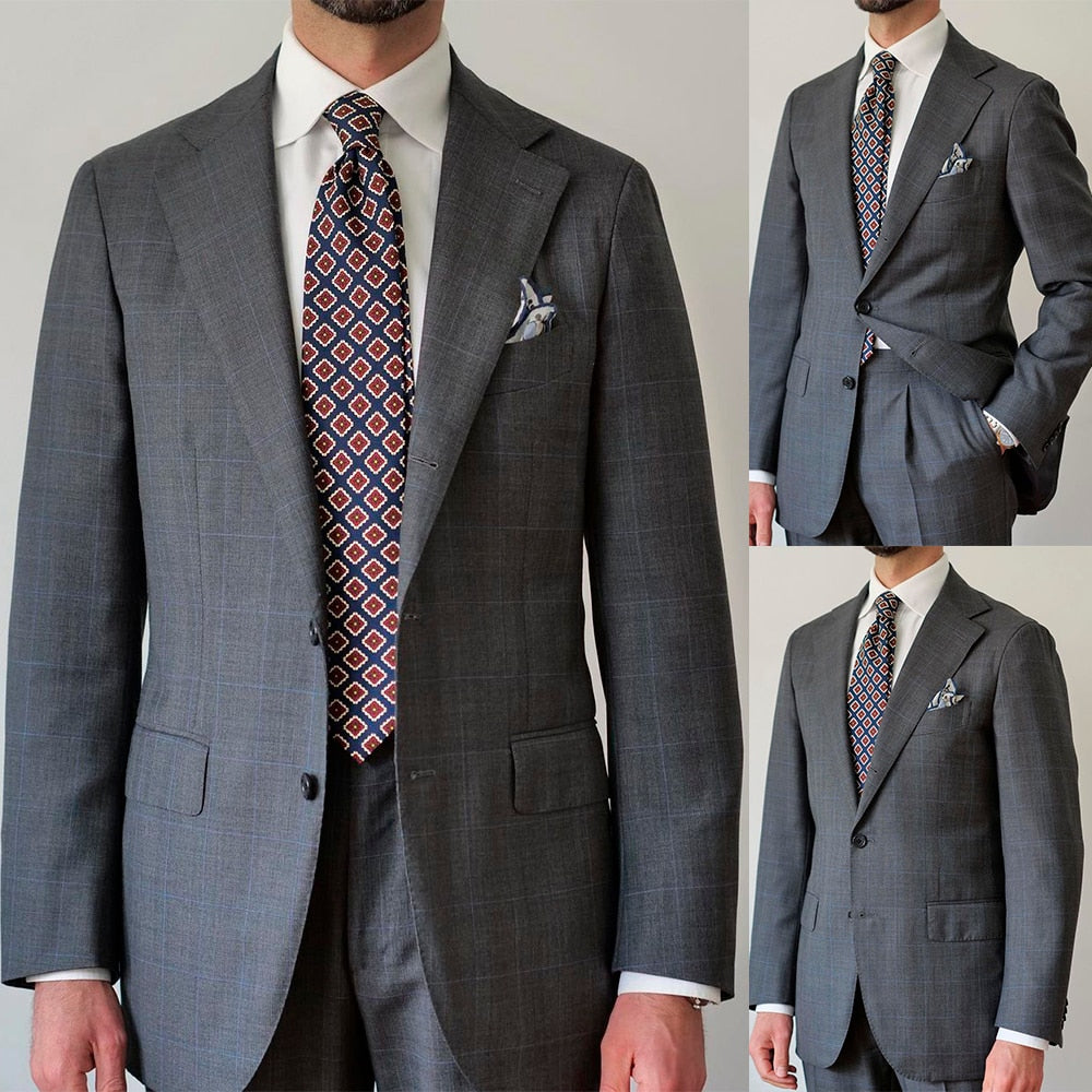 Costume 2 pièces gris foncé pour homme, coupe slim, blazer à carreaux, pantalon, tenue de travail décontractée, pour mariage, affaires, bal de promo, sur mesure 