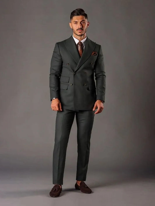 Dark Gray Jacket Sets Wedding Suits For Men Double Breasted 2 Pieces Outfit Slim Custome Large Size Tuxedo Grooms Dress