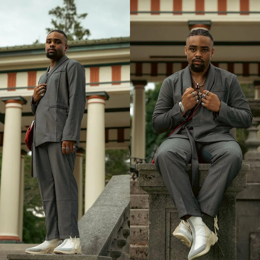 Costume blazer et pantalon gris foncé sur mesure, 2 pièces, avec ceinture, pour mariage, affaires 