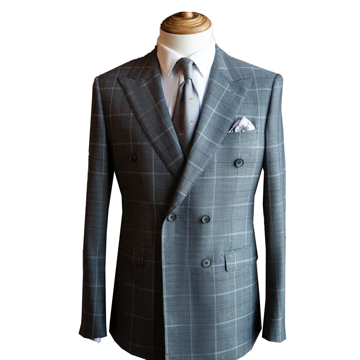 Costume gris foncé pour homme, blazer croisé, revers pointus, rayures écossaises, coupe slim, costume de marié formel 