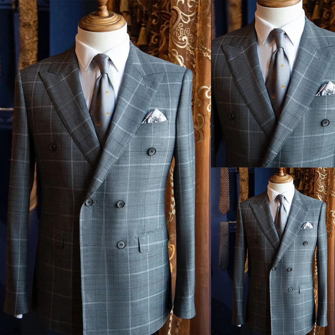 Costume gris foncé pour homme, blazer croisé, revers pointus, rayures écossaises, coupe slim, costume de marié formel 