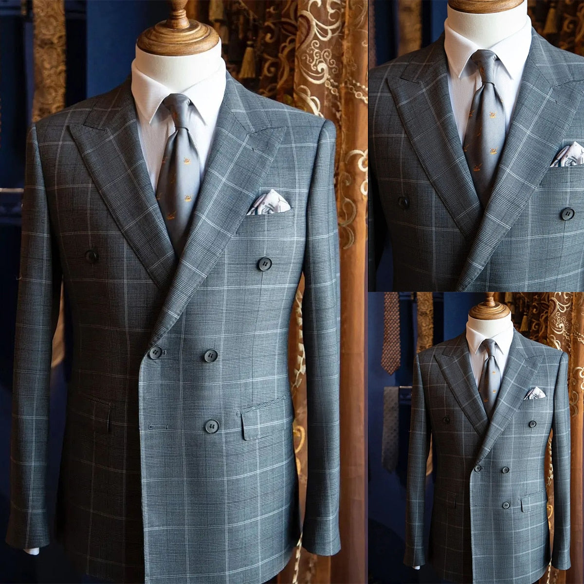 Costume gris foncé pour homme, blazer croisé, revers pointus, rayures écossaises, coupe slim, costume de marié formel 