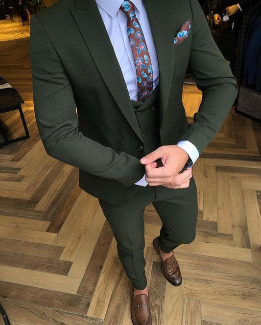 Dark Green Groom Tuxedos Peaked Lapel Blazer Trousers Dinner Prom Men Suits Wedding/Prom/Dinner Best Man 3Pcs(Jacket+Vest+Pants)