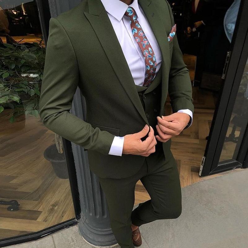 Smoking de marié vert foncé, blazer à revers pointus, pantalon, costume de bal, mariage, bal, dîner, 3 pièces (veste, gilet, pantalon) 