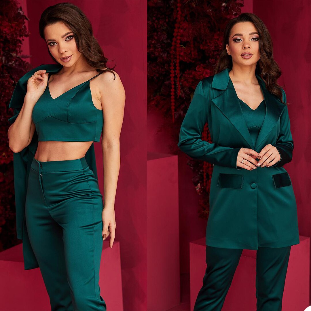 Costume blazer long vert foncé pour femme, tenue d'affaires, pantalon large, tenue de soirée, de club, de loisirs (veste + pantalon) 