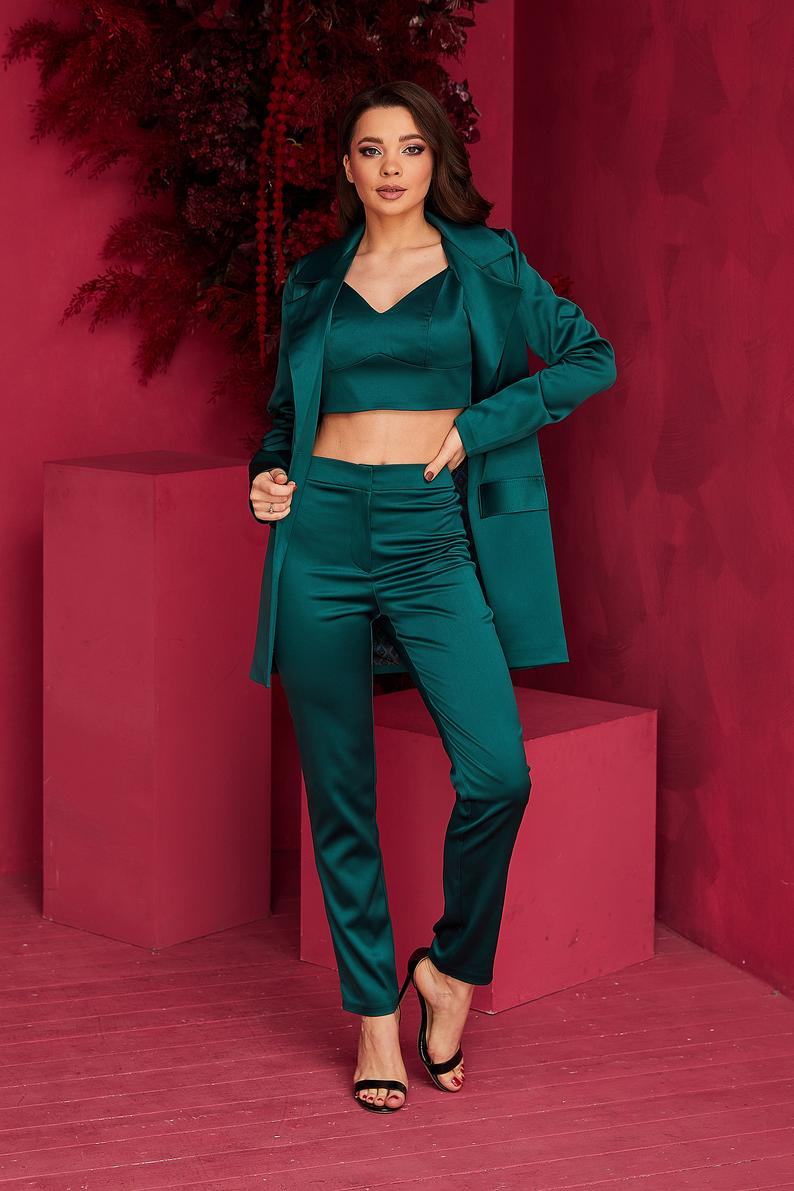 Costume blazer long vert foncé pour femme, tenue d'affaires, pantalon large, tenue de soirée, de club, de loisirs (veste + pantalon) 