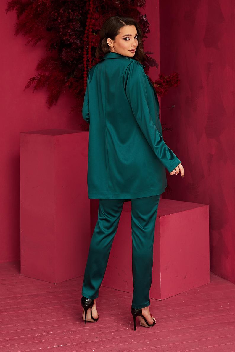 Costume blazer long vert foncé pour femme, tenue d'affaires, pantalon large, tenue de soirée, de club, de loisirs (veste + pantalon) 