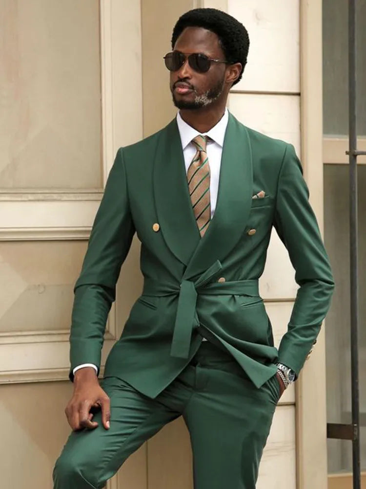 Costume homme vert foncé 2 pièces sur mesure, blazer, pantalon, revers transparent avec ceinture, croisé, mariage, slim, sur mesure, grande taille 