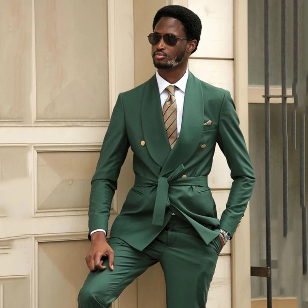 Costume homme vert foncé 2 pièces sur mesure, blazer, pantalon, revers transparent avec ceinture, croisé, mariage, slim, sur mesure, grande taille 