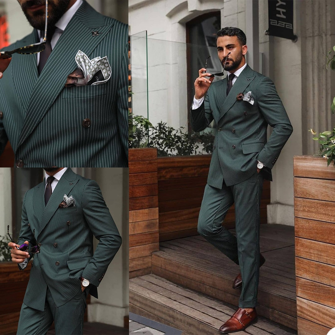 Dark Green Stripe men Tuxedos Double Breasted Groom Wear Wedding Pants Suits Business Prom Party Blazer Jacket(Jacket+Pants)