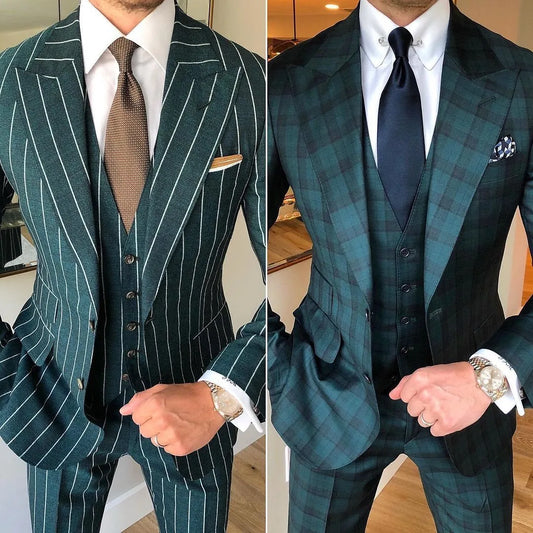 Dark Green Striped/Check Suit Men'S Tuxedo Men'S Full Wedding Slim Fit 3-Piece Custom Gentleman Modern Formal Suits For Business