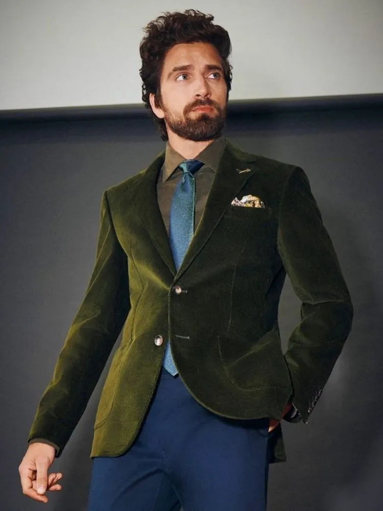 Costume de mariage en velours vert foncé pour homme, coupe ajustée, ensemble blazer et pantalon, 2 pièces 
