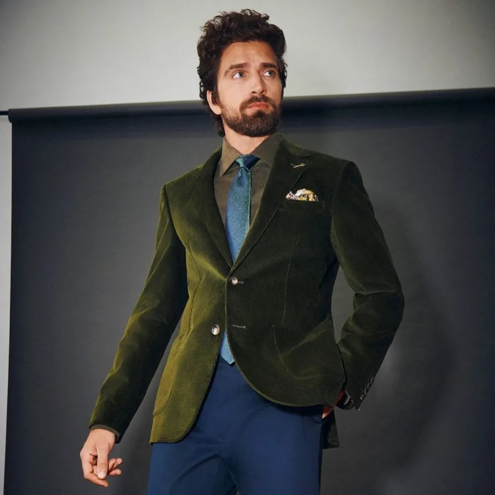 Costume de mariage en velours vert foncé pour homme, coupe ajustée, ensemble blazer et pantalon, 2 pièces 