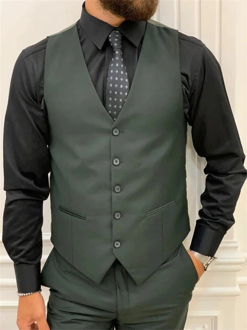 Costume de mariage vert foncé pour homme, 3 pièces, veste, pantalon, gilet, coupe cintrée, revers en pointe, pour marié, bal de promo