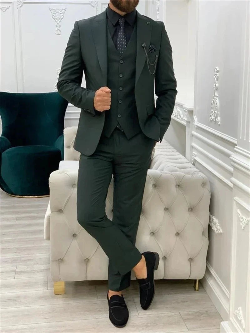 Costume de mariage vert foncé pour homme, 3 pièces, veste, pantalon, gilet, coupe cintrée, revers en pointe, pour marié, bal de promo