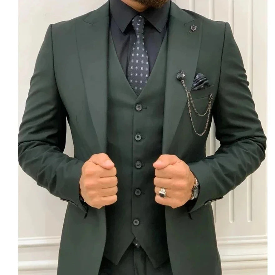 Esmoquin de boda verde oscuro para hombre, traje de solapa de pico, entallado, para novio, para graduación, blazer, chaqueta, pantalón y chaleco, 3 piezas