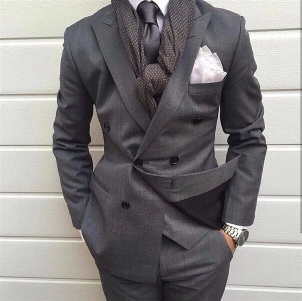 Costume homme gris foncé à double boutonnage, coupe slim, 2 pièces, smoking de mariage sur mesure, costume de bal, costume d'affaires (veste + pantalon) 