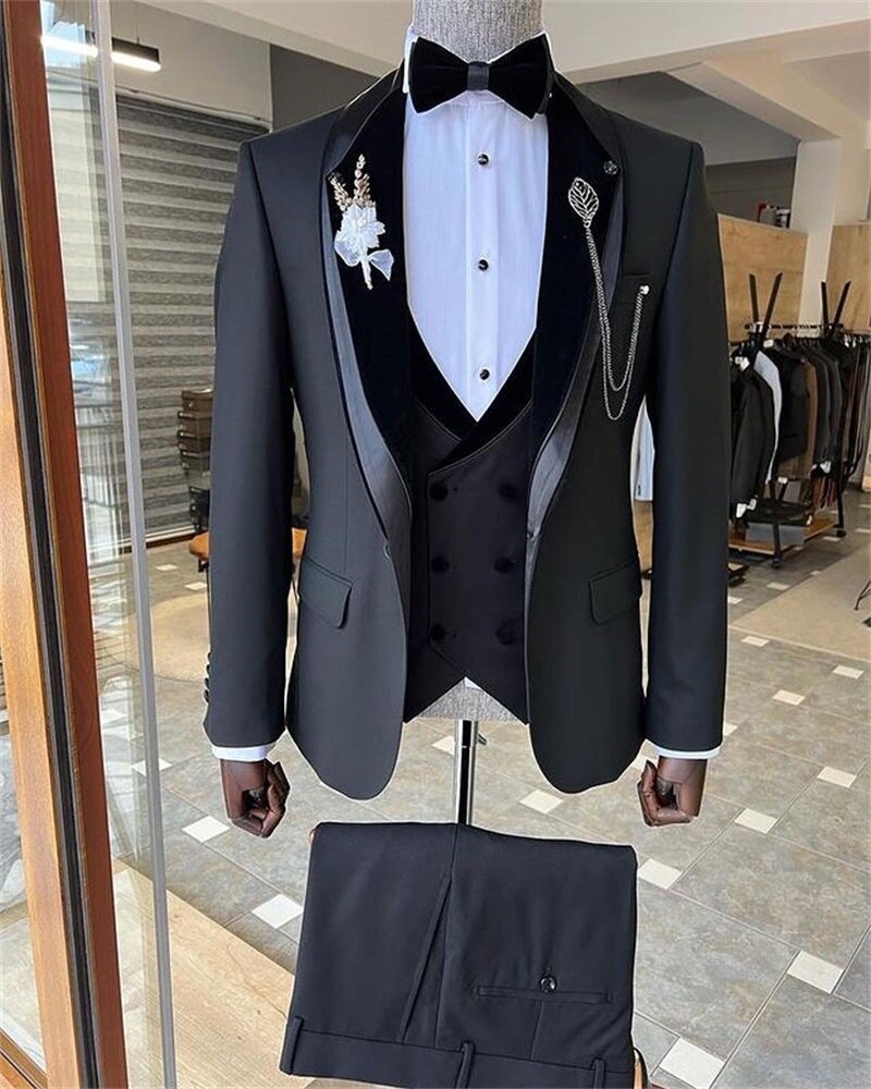 Dark Grey Men Wedding Suits Set Groom Tuxedo 3 Pieces Formal Office Blazer+Pants+Vest Custom Made Party Jacket Outfit Coat