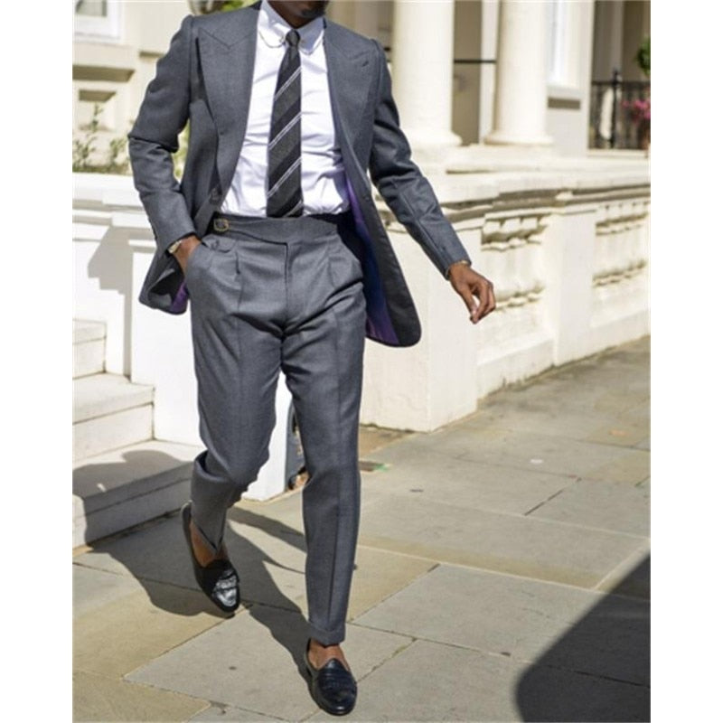 Costume homme gris foncé à un bouton, tenue de soirée 2 pièces, occasion formelle, revers en pointe, veste + pantalon, smoking de mariage 