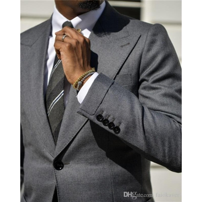 Dark Grey One Button Men Suits Evening Party Wear 2 Pieces Formal Occasion Peaked Lapel Coat+Pant Jacket Wedding Tuxedos Groom